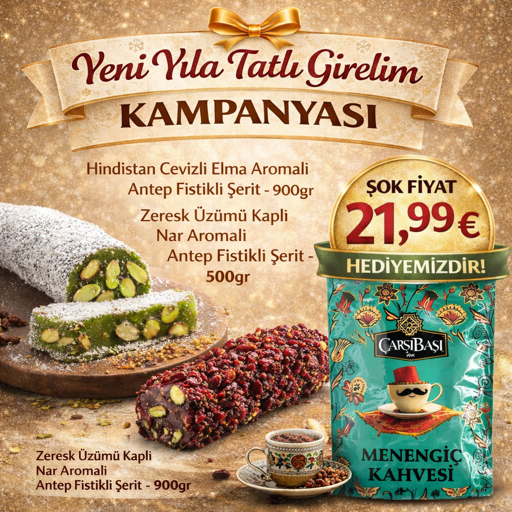 Hindistan Cevizli Elma Aromalı Antep Fıstıklı Şerit 900gr + Zereşk Üzümü Kaplı Nar Aromalı Antep Fıstıklı Şerit 500g
