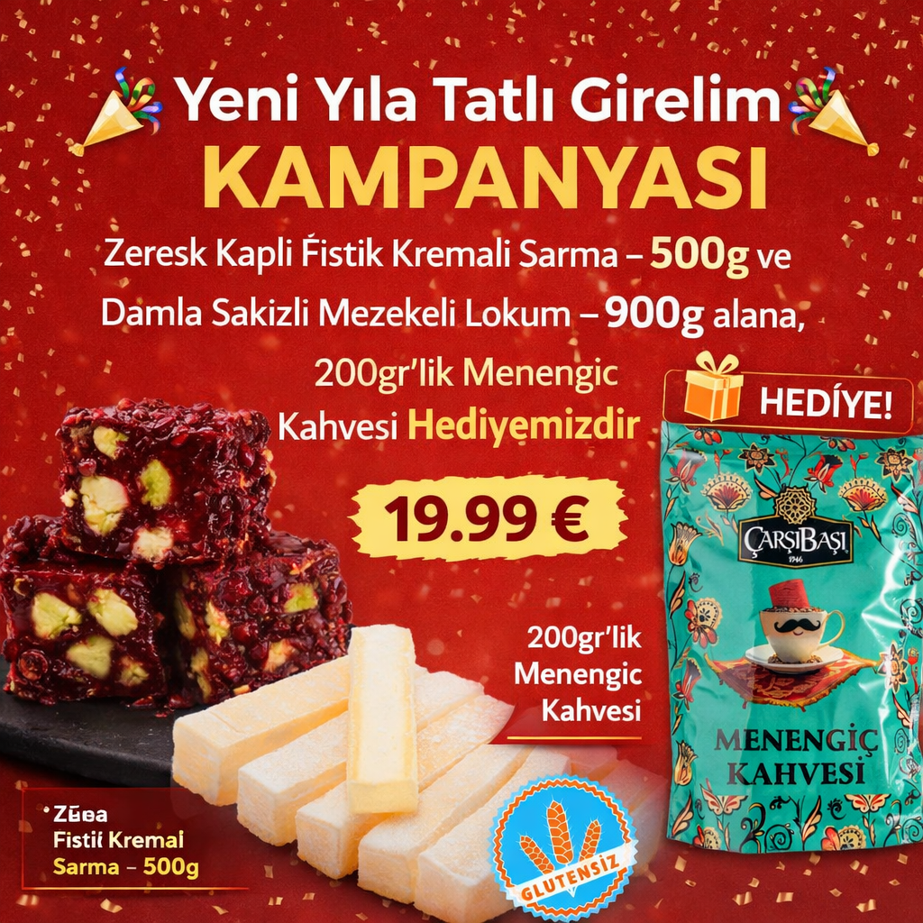 Zereşk Kaplı Fıstık Kremalı Sarma - 500g + Damla Sakızlı Mezekeli Lokum – 900g