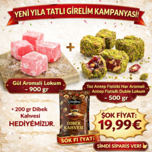 Gül Aromalı Lokum 900gr + Toz Antep Fıstıklı Nar Aromalı Antep Fıstıklı Duble Lokum – 500gr