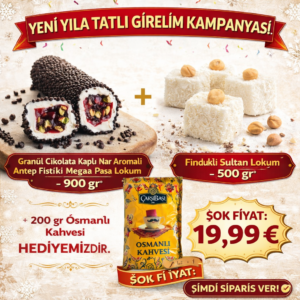 Granül Çikolata Kaplı Nar Aromalı Antep Fıstıklı Mega Paşa Lokum 900gr + Fındıklı Sultan Lokum – 500gr