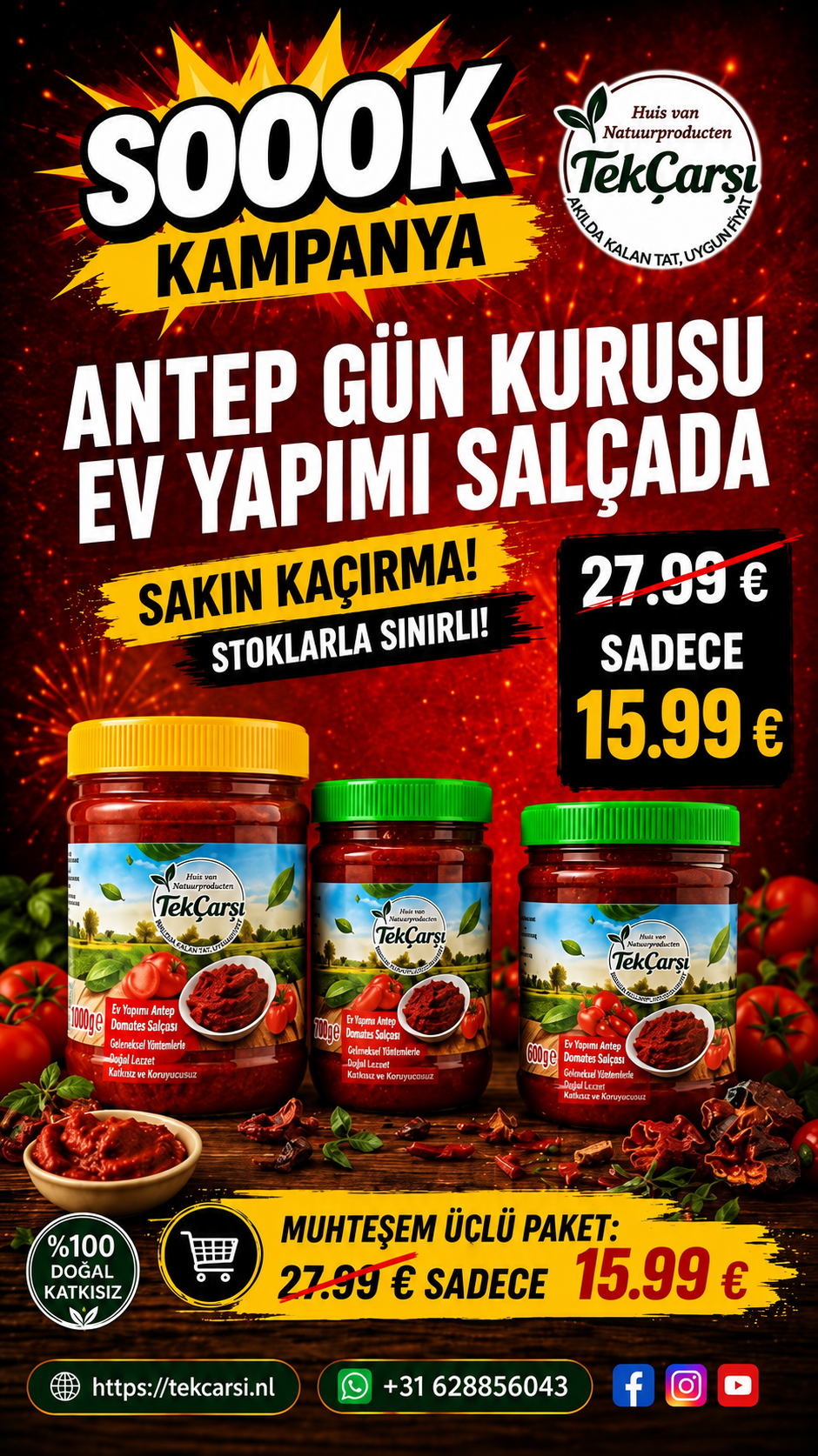 Antep Köy Yapımı Biber(Tatlı+Acı) ve Domates Salçasi(3'lu Paket) 3000g