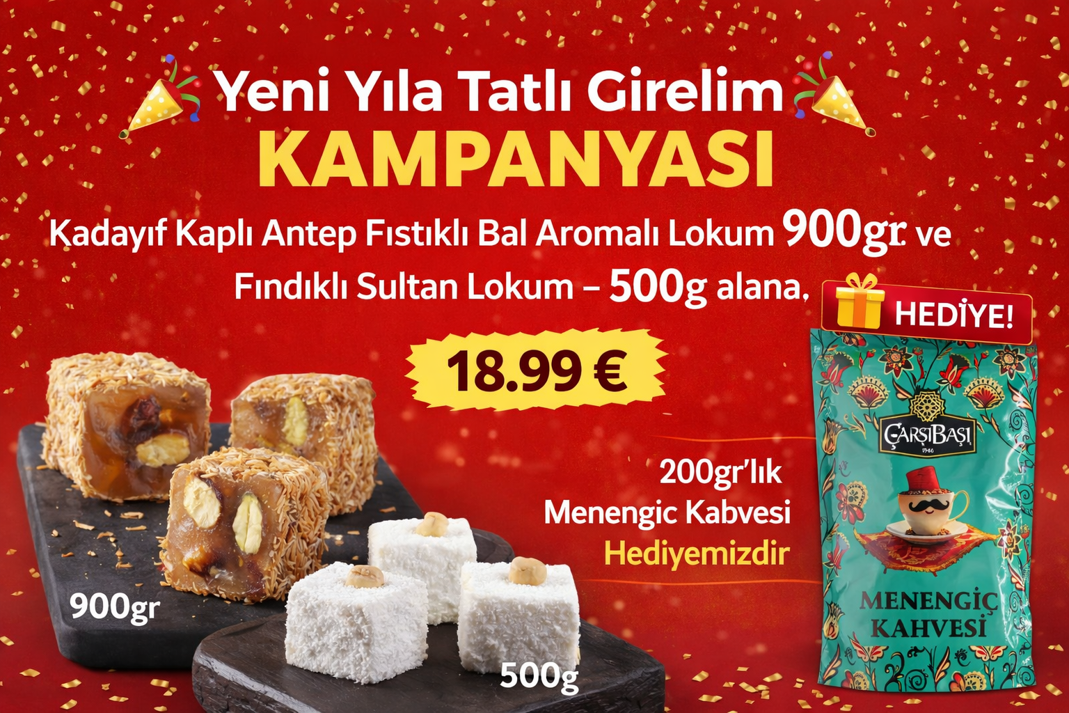 Kadayıf Kaplı Antep Fıstıklı Bal Aromalı Lokum 900g +Fındıklı Sultan Lokum – 500g