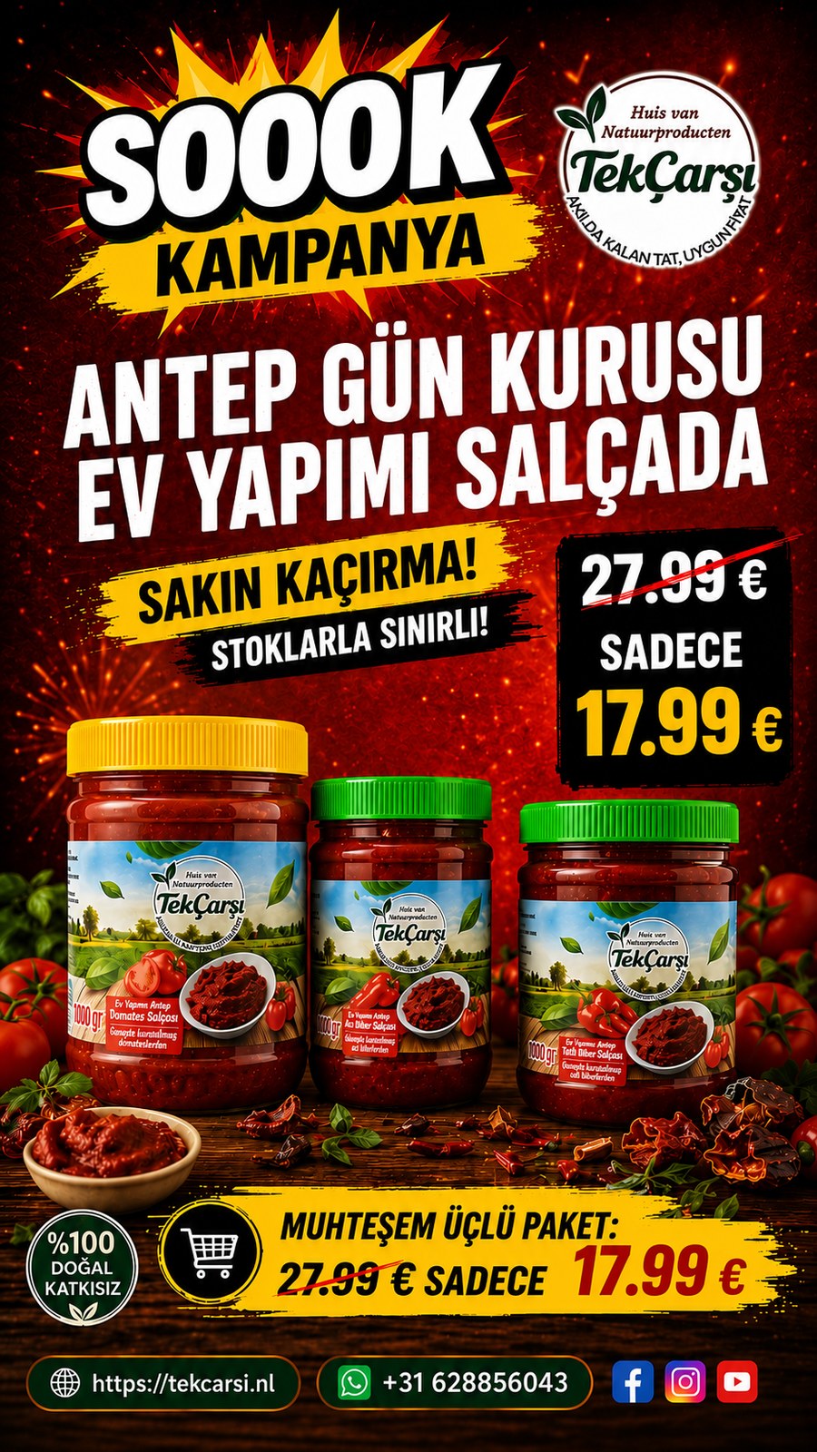 Antep Köy Yapımı Biber(Tatlı+Acı) ve Domates Salçasi(3'lu Paket) 3000g