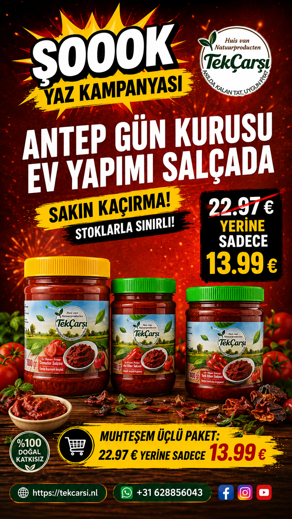 Antep Köy Yapımı Biber(Tatlı+Acı) ve Domates Salçasi(3'lu Paket) 3000g