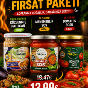 Közlenmiş Patlıcan+ El Yapımı Menemenlik Sos+ El Yapımı Domates Sosu Paketi -1800g