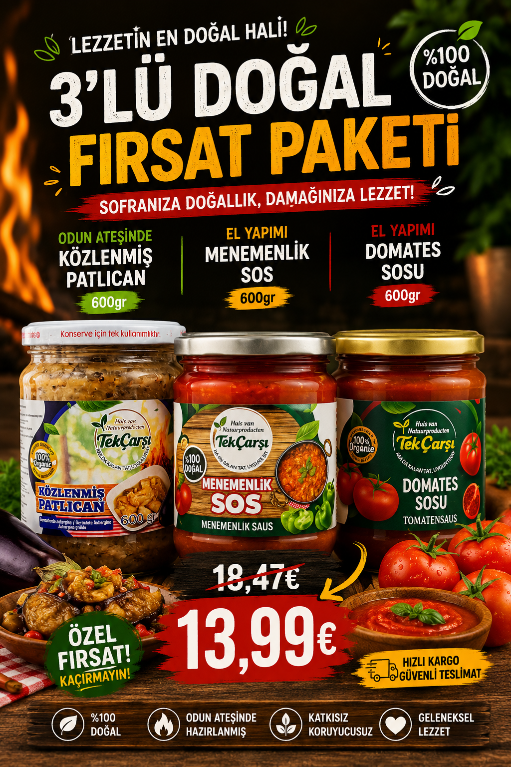 Közlenmiş Patlıcan+ El Yapımı Menemenlik Sos+ El Yapımı Domates Sosu Paketi -1800g