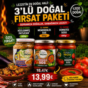 Közlenmiş Patlıcan+ El Yapımı Menemenlik Sos+ El Yapımı Domates Sosu Paketi -1800g